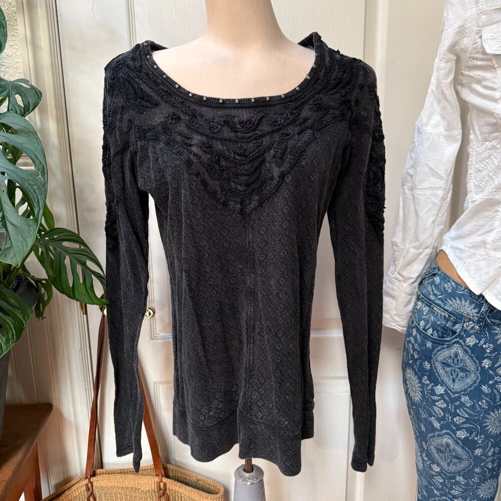 Free People Black Embroidered Lace Jacquard Love Sleeve Top M